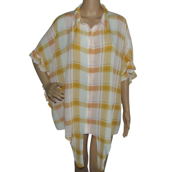 ana XLT Blouse Yellow Gold Pink White Plaid (XL tall) top shirt Tie Front Ruffle - Picture 4 of 10